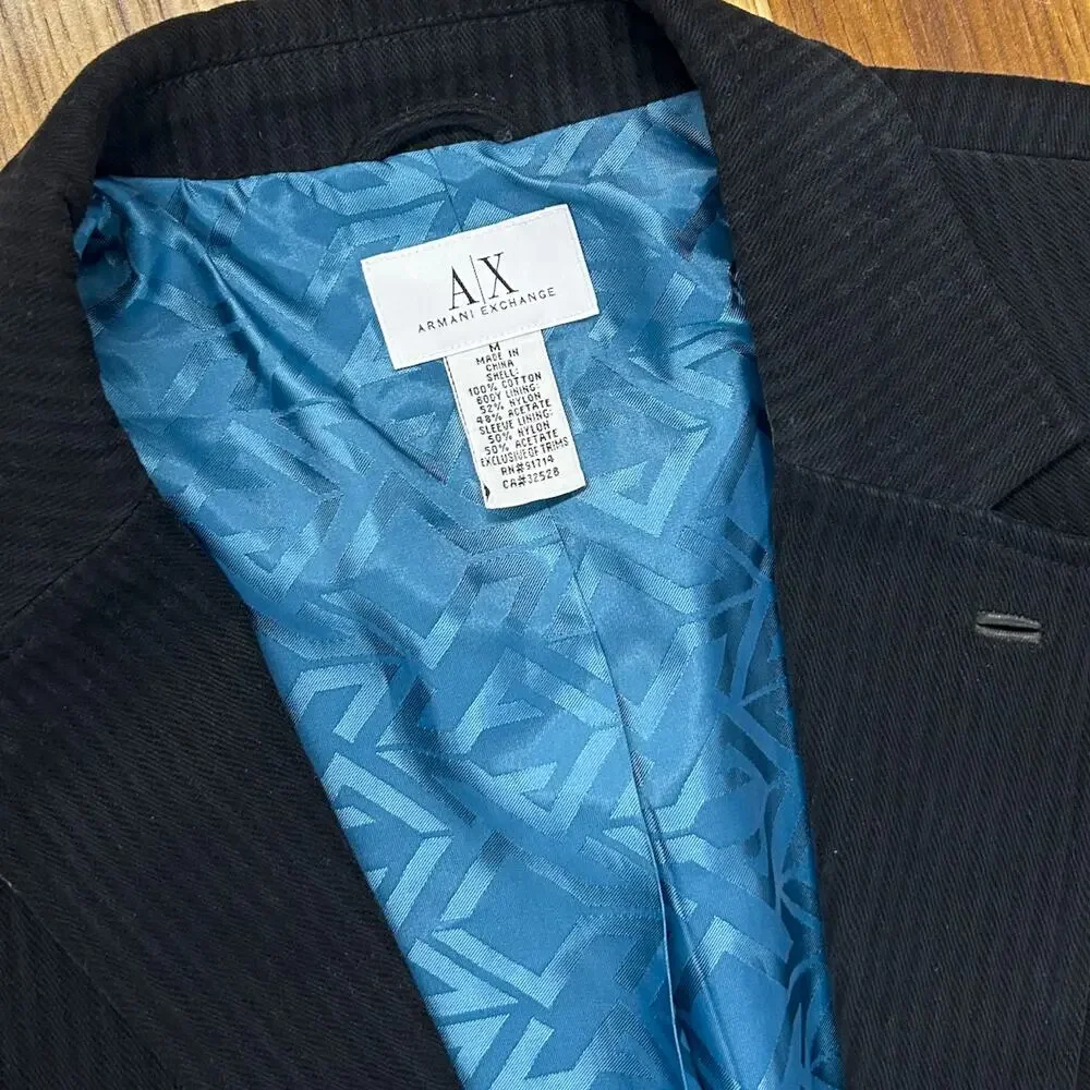 Armani Exchange Men’s Black Pinstripe Blazer Size L Leather Statement Luxury - Picture 5 of 9